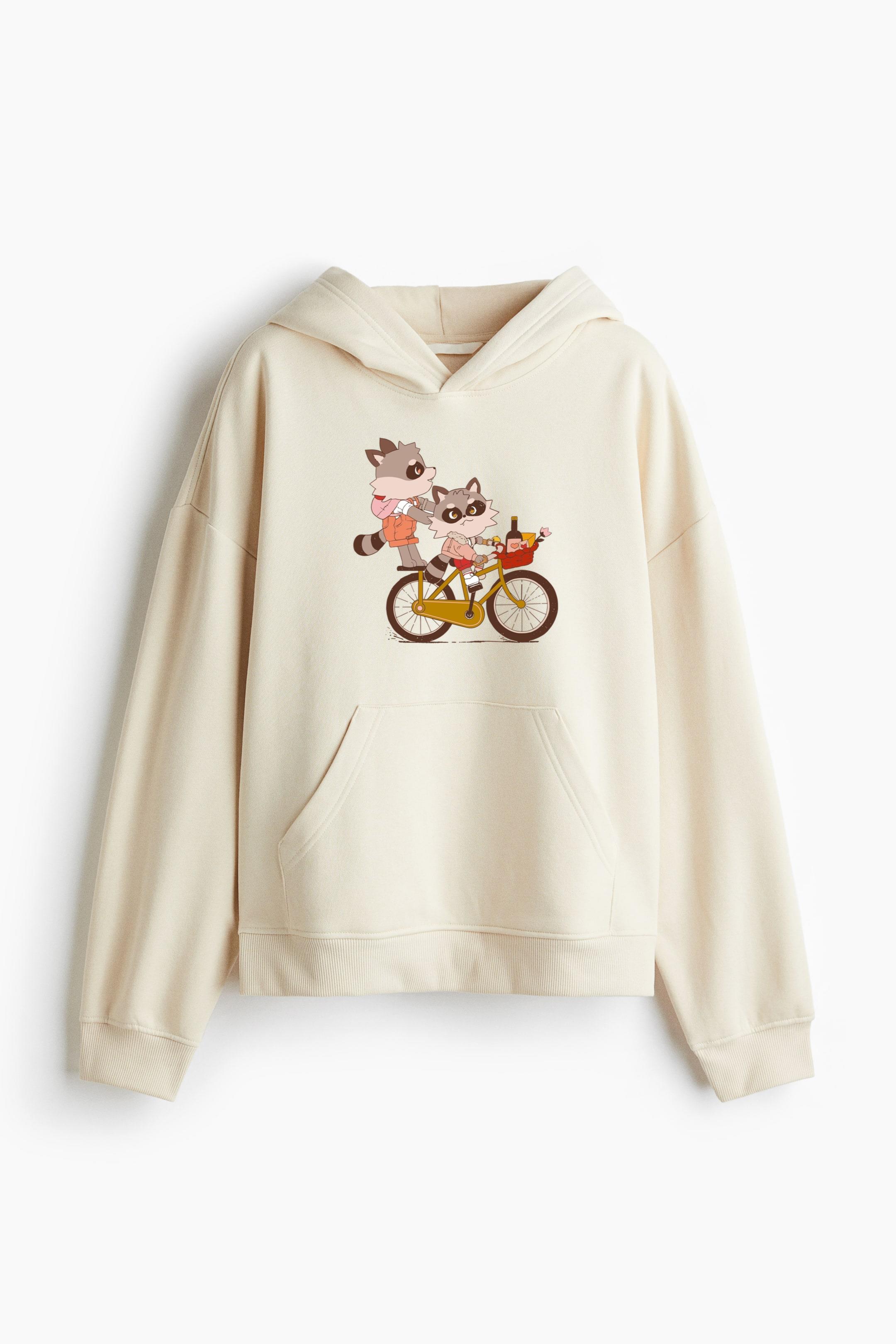 Raccoon Friends On Bike Loose-Fit Printed Hoodie - Image 3