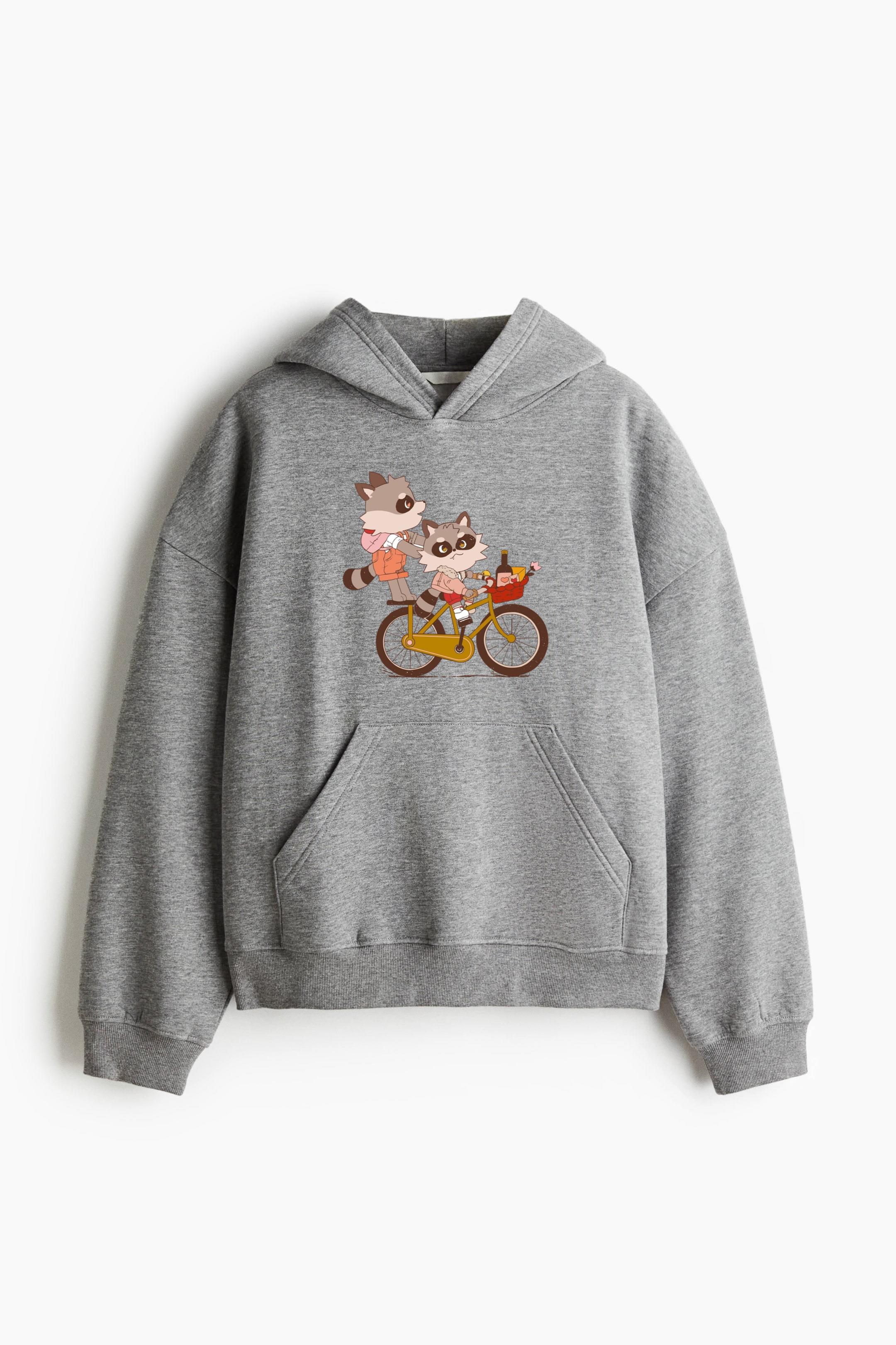 Raccoon Friends On Bike Loose-Fit Printed Hoodie
