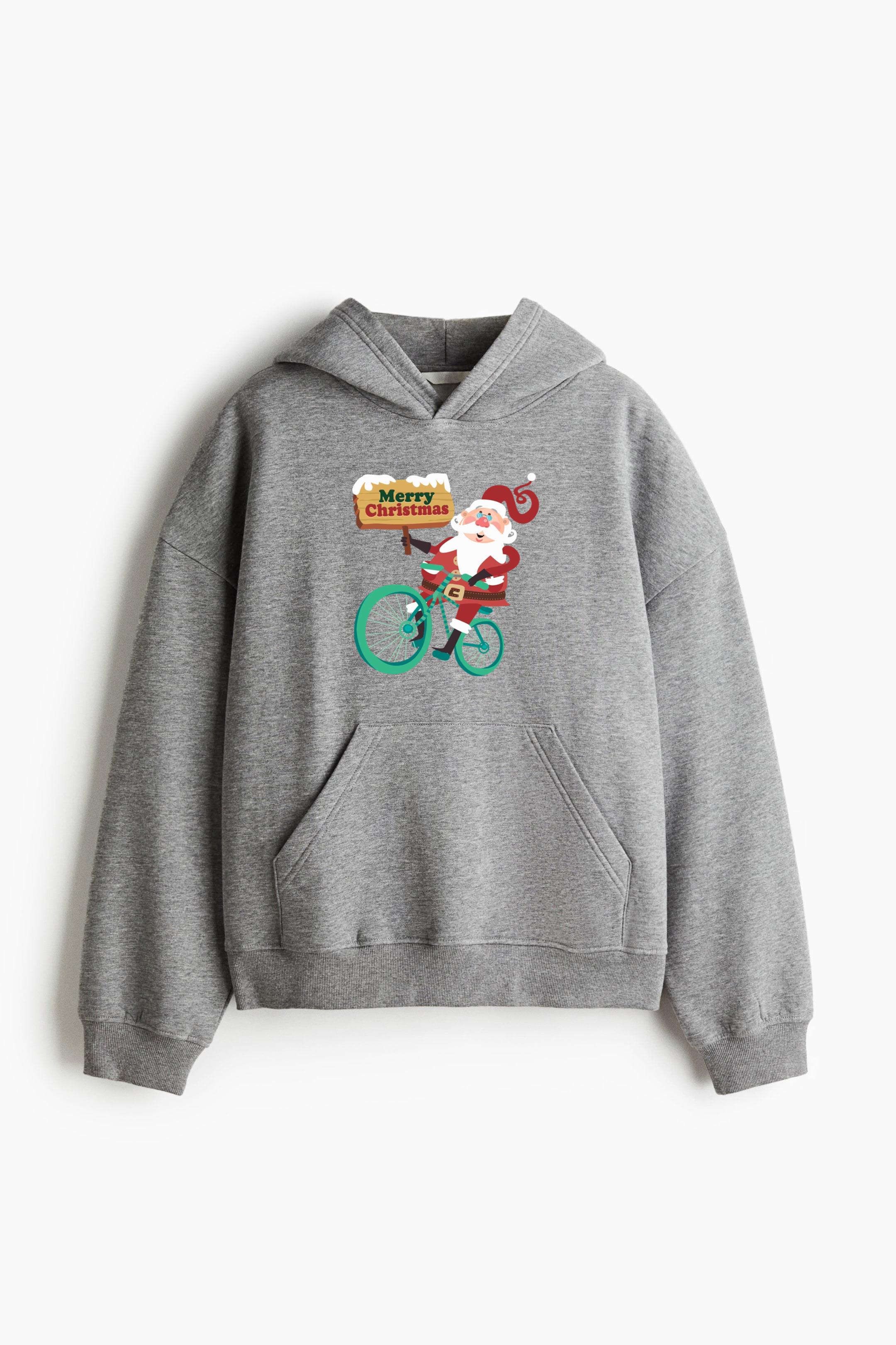 Santa Claus Riding Bicycle Loose-Fit Printed Hoodie