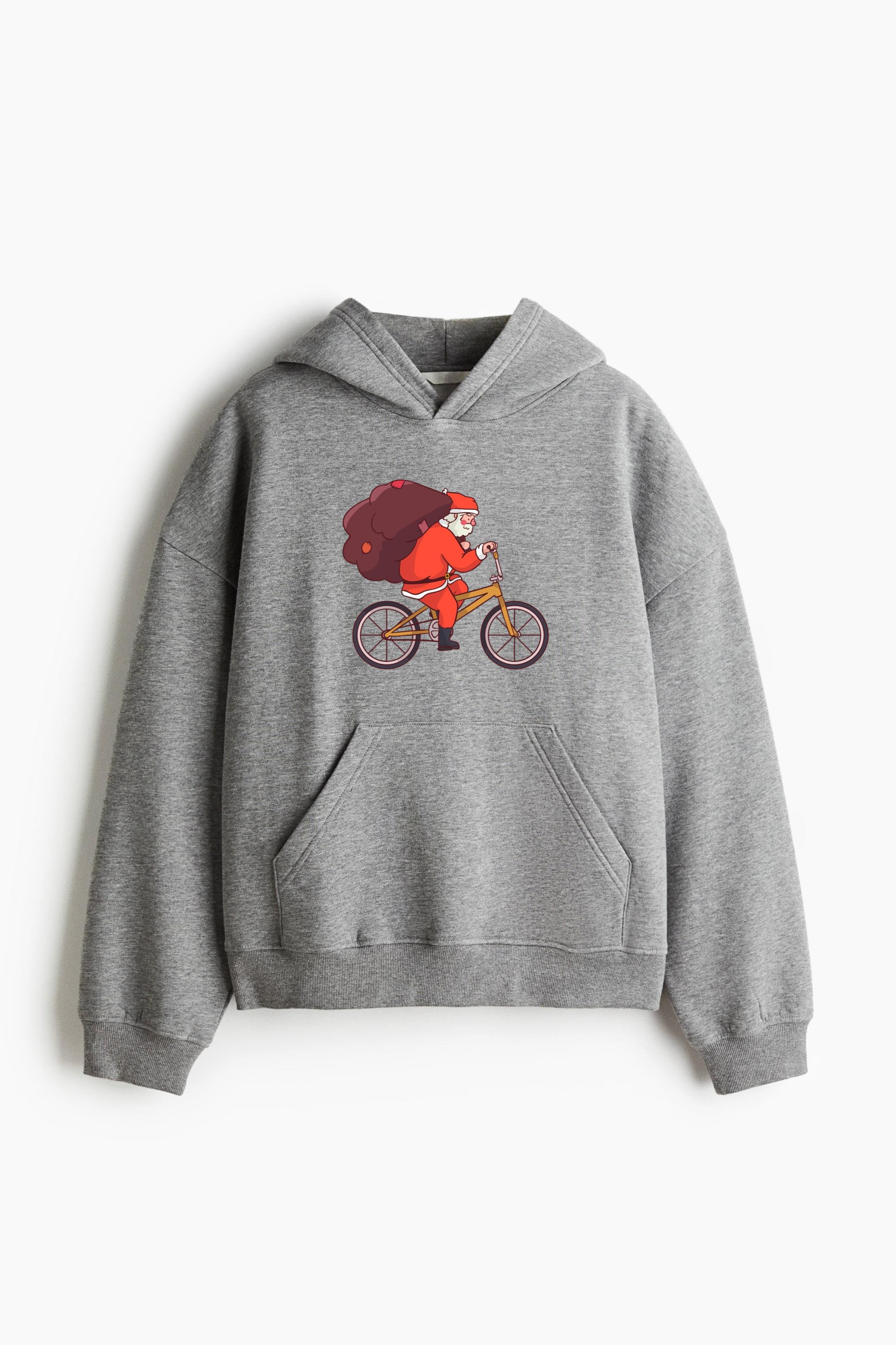 Santa Claus Sack Bicycle Flat Loose-Fit Printed Hoodie
