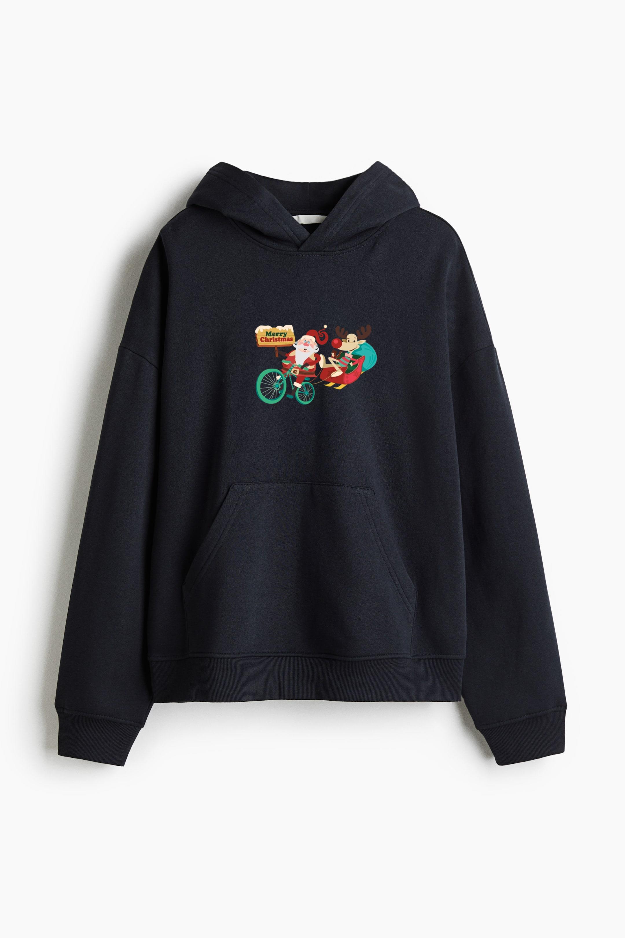 Santa Dragging Sleigh With Bicycle Loose-Fit Printed Hoodie - Image 2