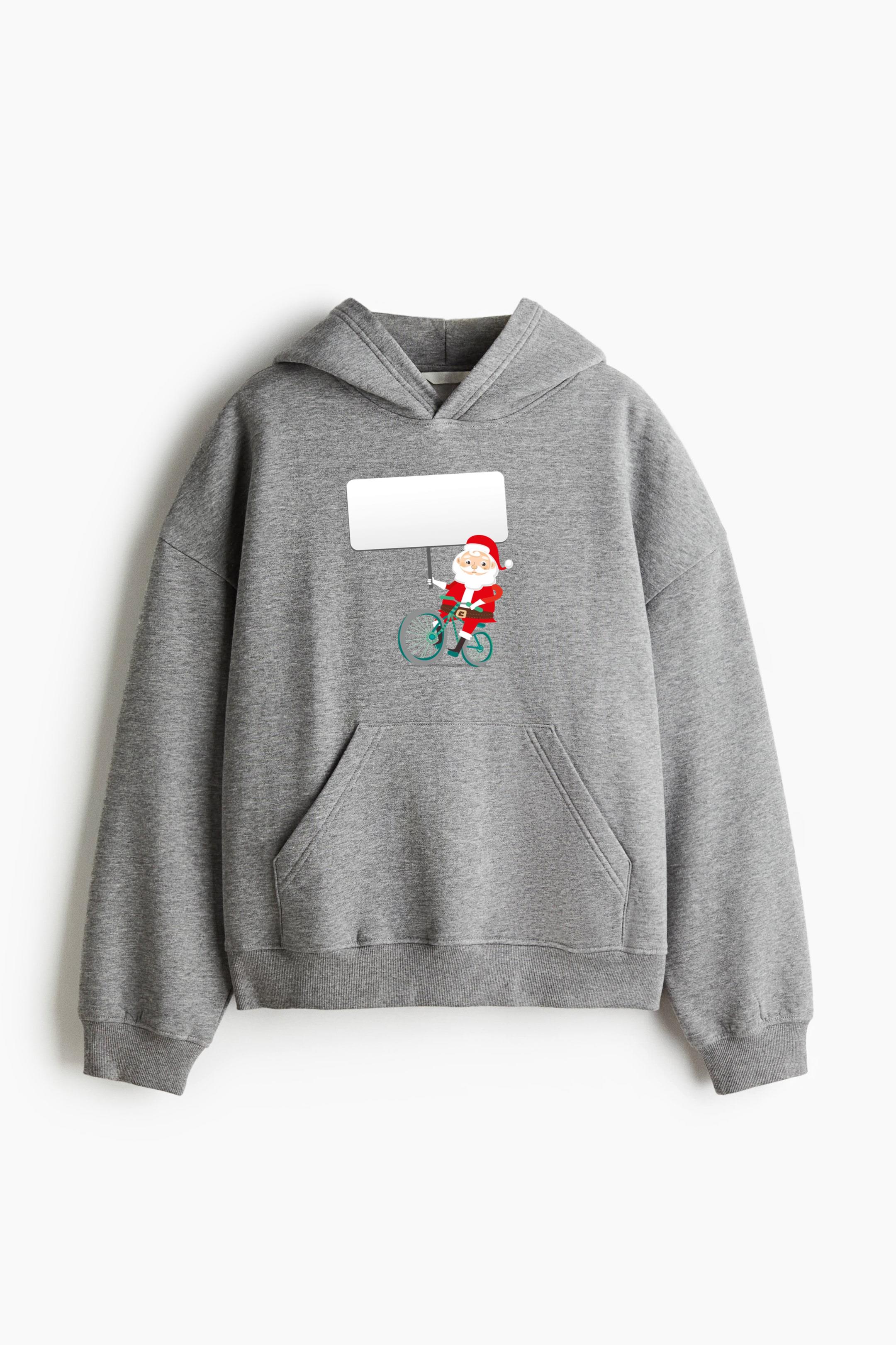 Santa Holding Banner On Bike Loose-Fit Printed Hoodie