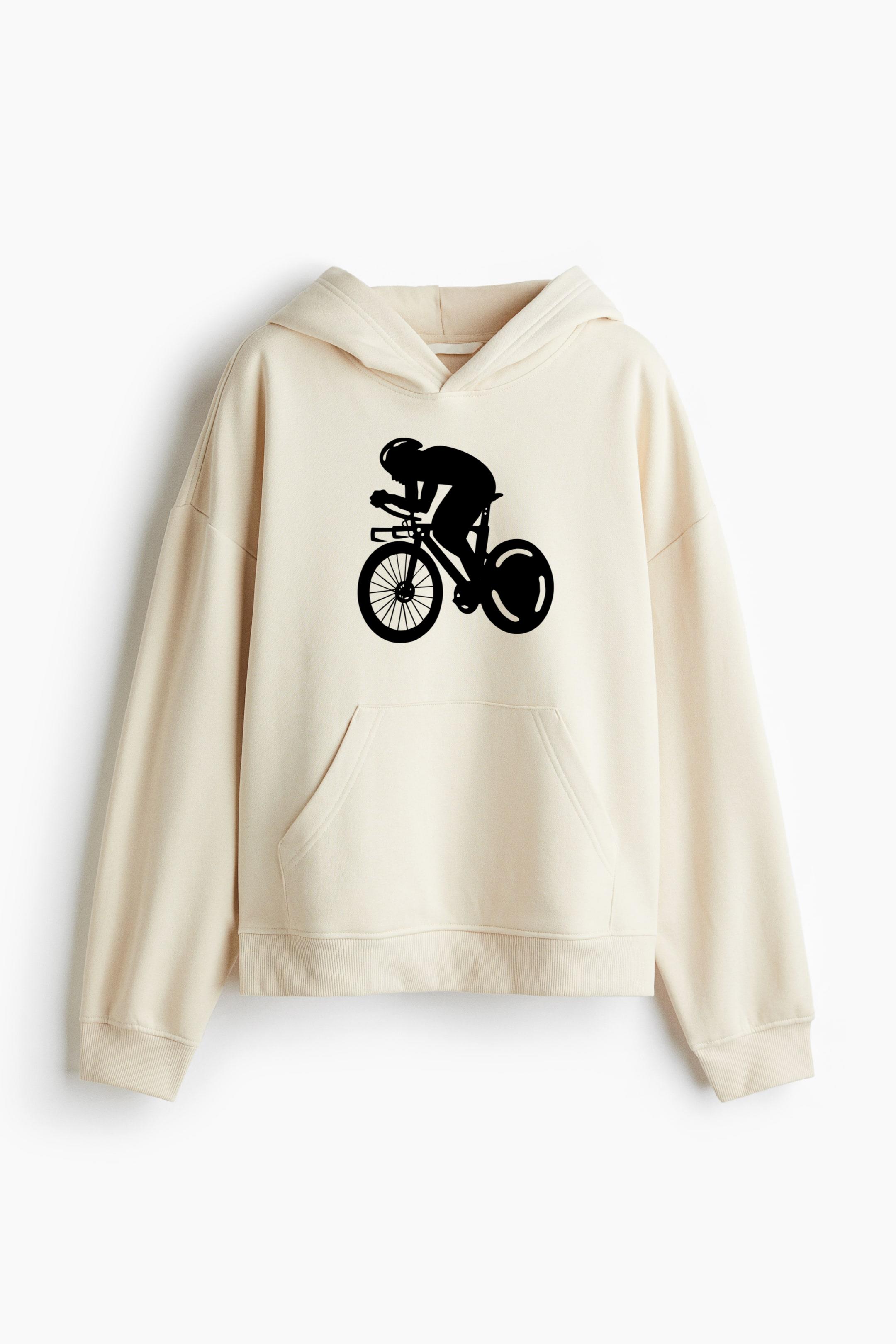 Stylized Cyclist In Motion Graphic Design Loose-Fit Printed Hoodie - Image 3