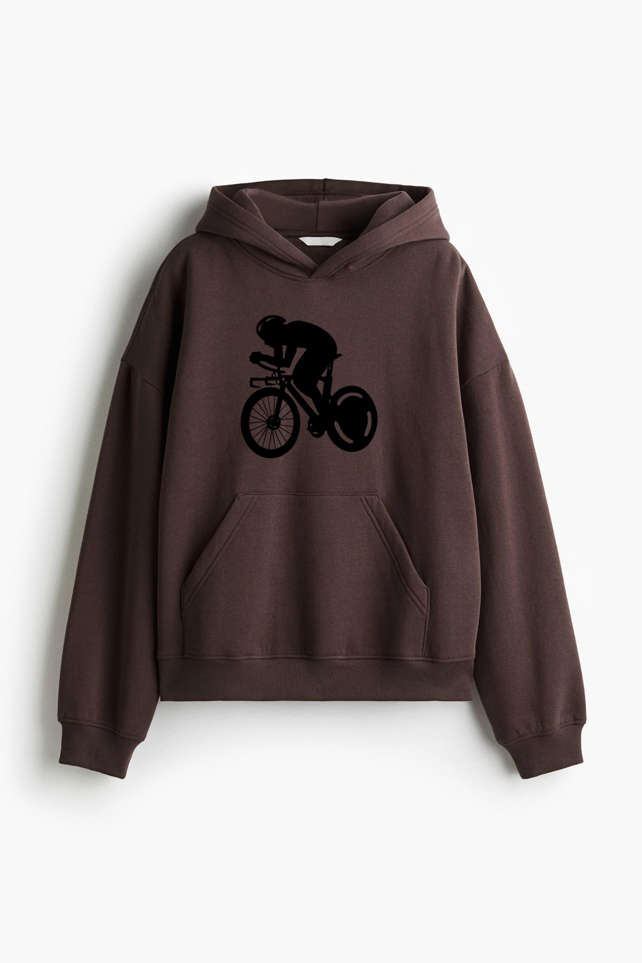 Stylized Cyclist In Motion Graphic Design Loose-Fit Printed Hoodie - Image 4
