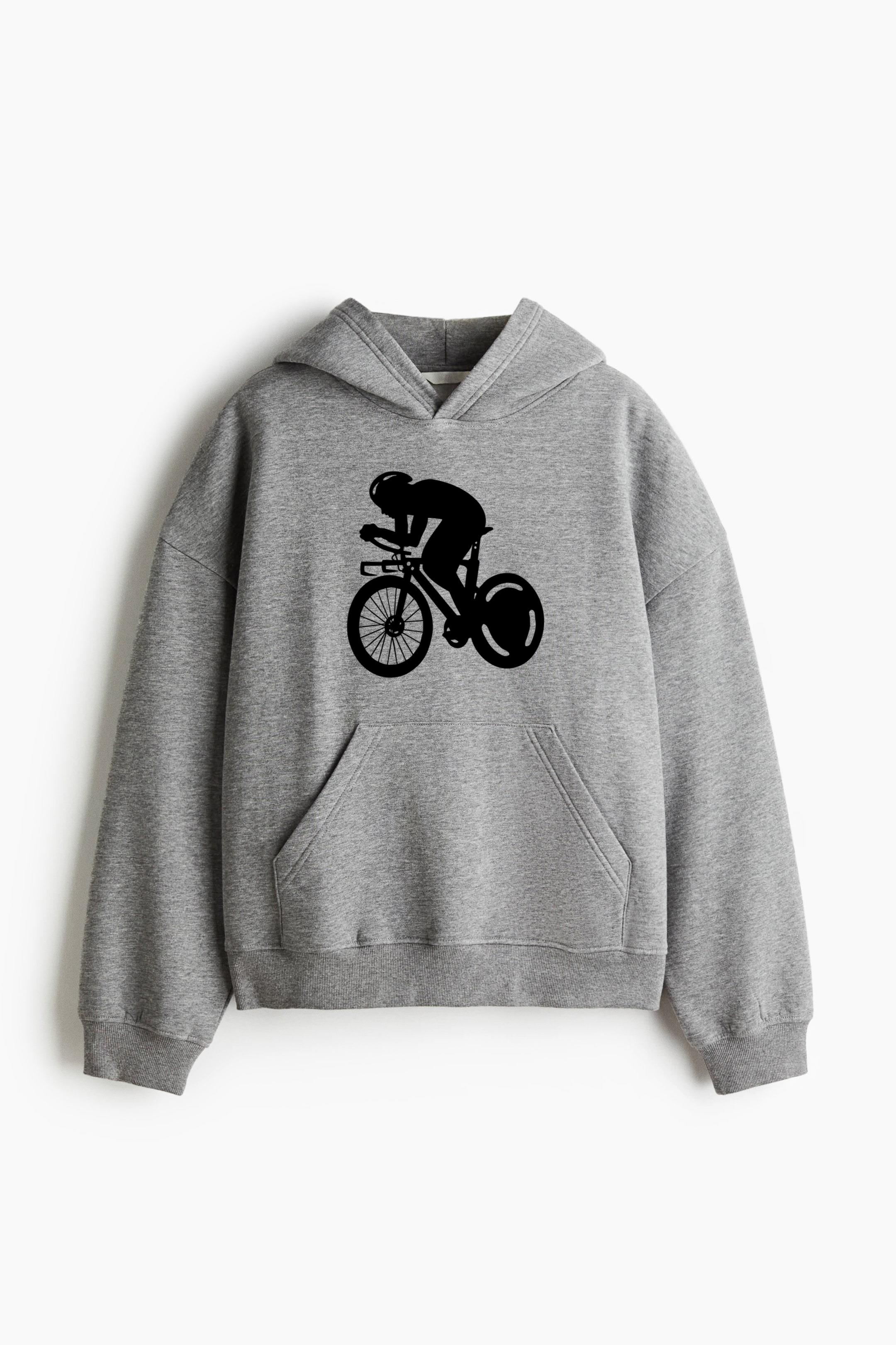 Stylized Cyclist In Motion Graphic Design Loose-Fit Printed Hoodie
