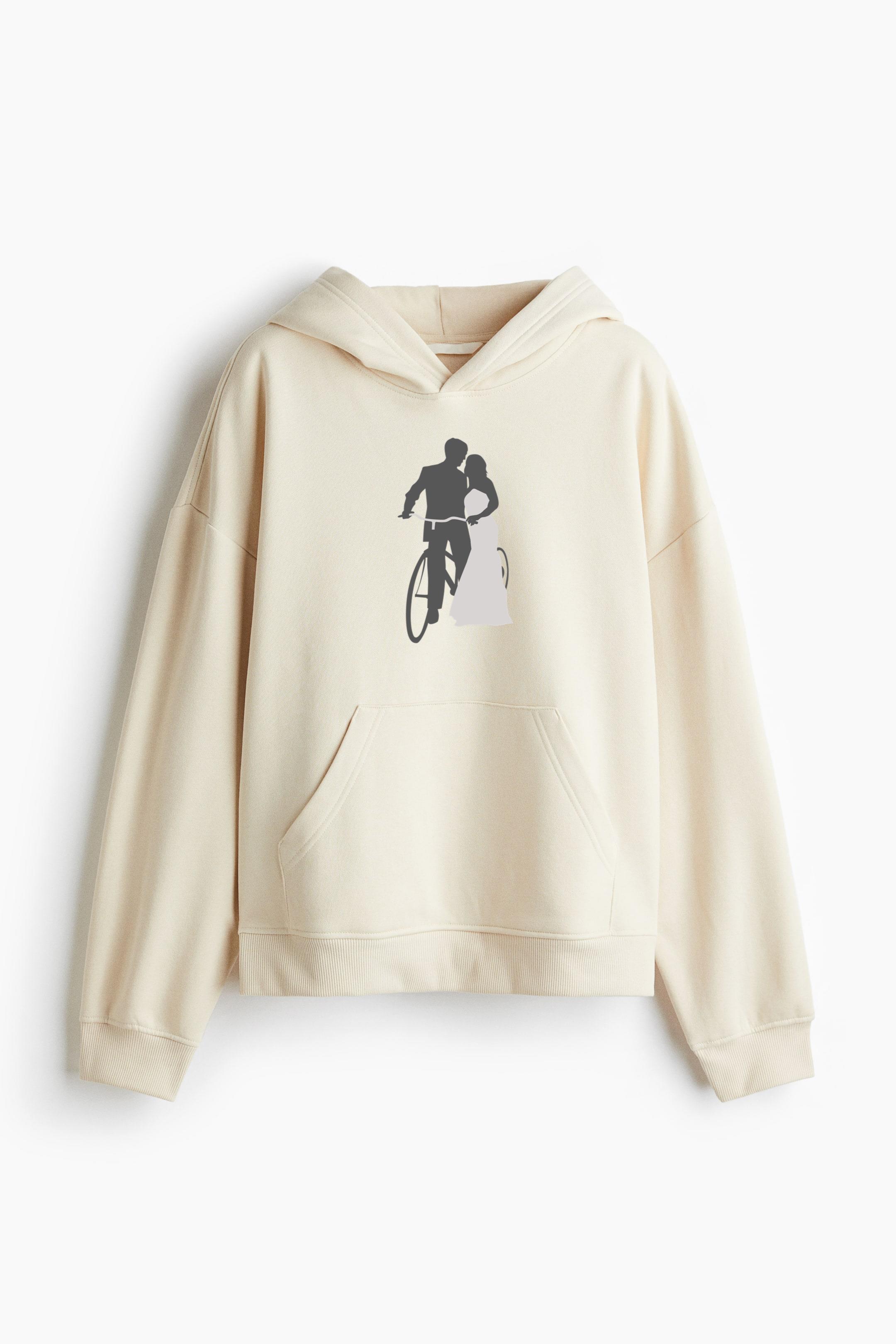 Wedding Couple Romancing With Bicycle Loose-Fit Printed Hoodie - Image 3