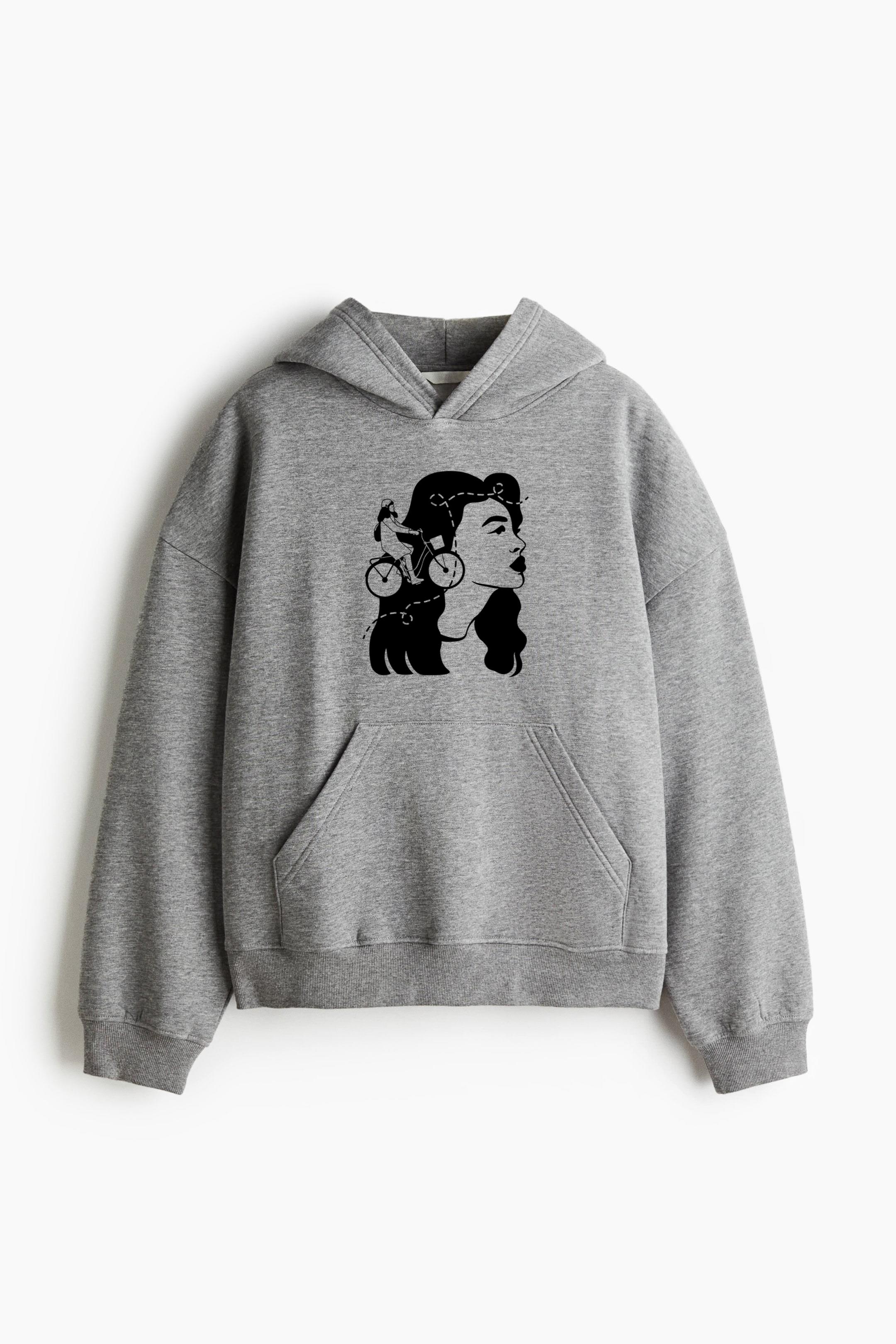 Woman Biker Filled Stroke Loose-Fit Printed Hoodie