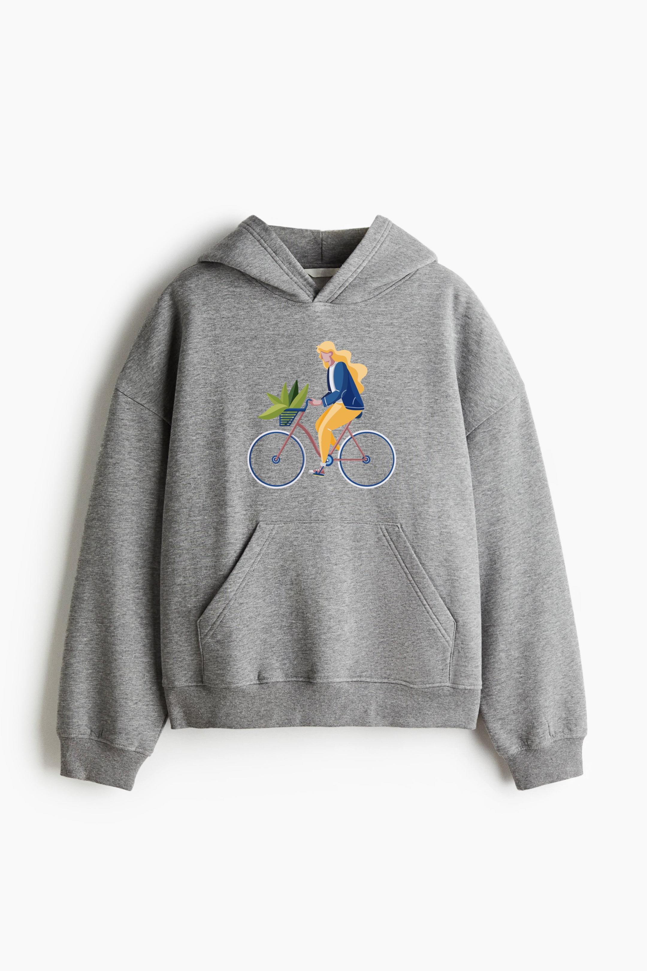 Woman Riding A Bike Flat Design Loose-Fit Printed Hoodie